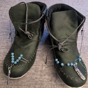 Green Leather Moccasin Boots with Bead Detail
